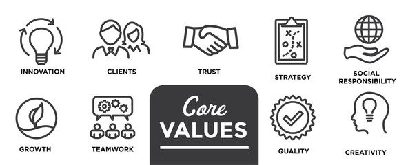 core values - mission, integrity value icon set with vision, honesty, passion, and collaboration as 