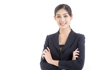 asian business woman smiling, woman stand and smile, isolated on white background, woman working con