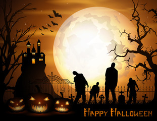 Halloween background with pumpkins, zombie, and scary church on graveyard