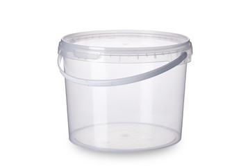 Transparent plastic bucket with transparent lid, plastic containers on white background, food plastic box isolated on white, product packaging for foodstuff or paints, adhesives, sealants, primers