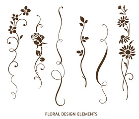 Wall Mural - Set of vertical calligraphic elements and flower silhouette for frame design and page decor. Vector vintage ornaments