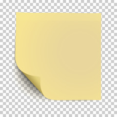 Wall Mural - Office yellow paper sticker with curled the lower left corner and shadow isolated on transparent background. Template vector post note.