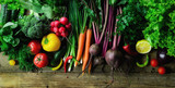 Vegetables on wooden background. Bio healthy organic food, herbs and spices. Raw and vegetarian concept. Ingredients. Banner