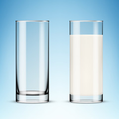 Sticker - Transparent realistic glasses of milk on blue background