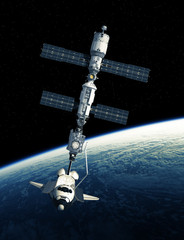 Wall Mural - space shuttle and international space station on background of planet earth
