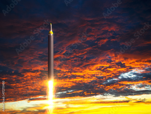 Plakat Północnokoreańskie rakiety balistyczne wodowanie na tle apokaliptycznego nieba