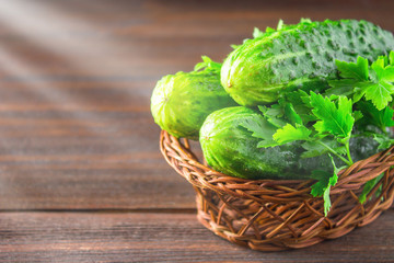 Fresh raw green cucumbers on a wooden table