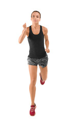 Wall Mural - Beautiful young woman in sportswear running on white background