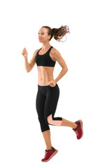 Wall Mural - Beautiful young woman in sportswear running on white background