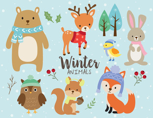 Poster - Vector illustration of cute winter animals including bear, deer, rabbit, bunny, owl, squirrel, bird and fox wearing winter outfits.