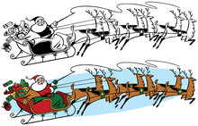 Santa Claus Riding His Sleigh Pulled By His Flying Reindeer On Christmas Eve