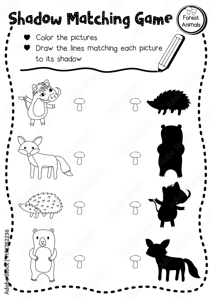 Shadow matching game of forest animals for preschool kids activity worksheet layout in A4 coloring printable version. Vector Illustration. Stock Vector | Adobe Stock shadow-matching-game-of-forest-animals-for-preschool-kids-activity-worksheet-layout-in-a4-coloring-printable-version-vector-illustration-stock-vector-adobe-stock
