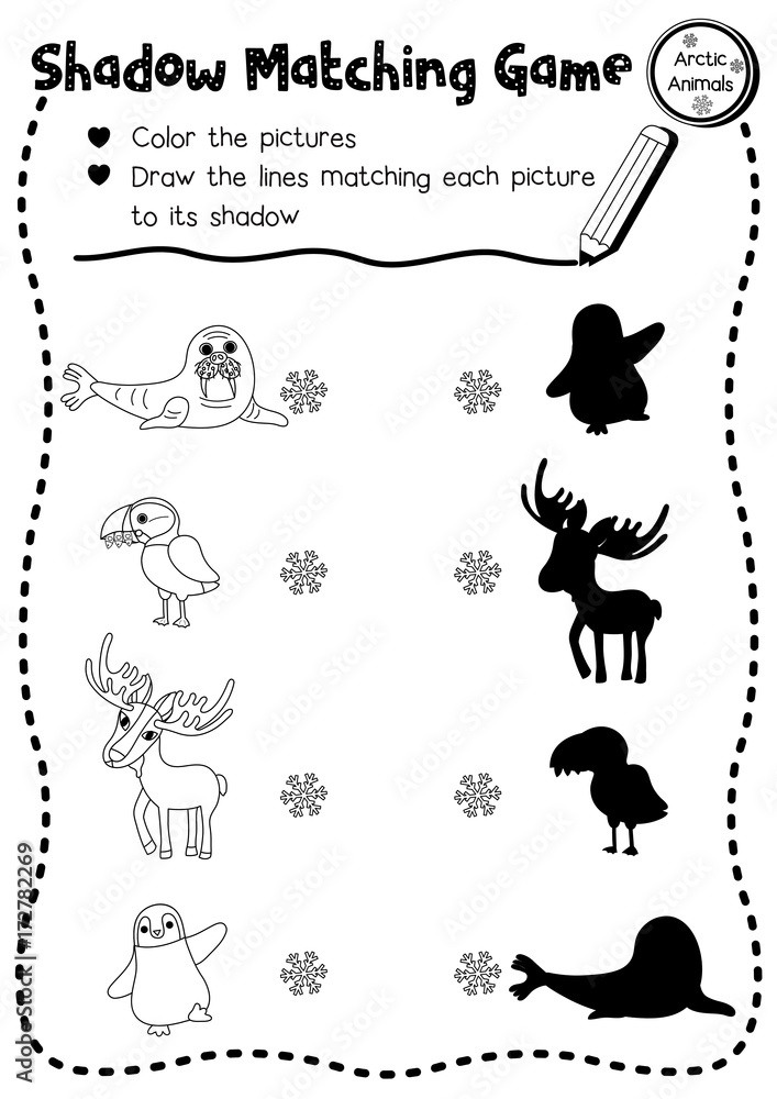 Shadow matching game of arctic animals for preschool kids activity worksheet layout in A4 coloring printable version. Vector Illustration. Stock Vector | Adobe Stock for Free Printable Arctic Animals Worksheets