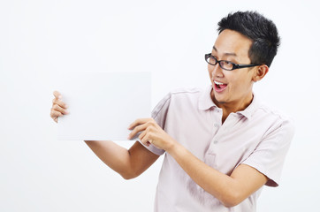 Poster - Asian man holding blank card board