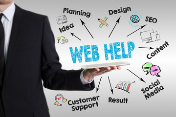 Wall Mural - web help, website development concept. young man holding a tablet computer.