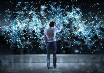 Poster - Businessman watching connection network on a rooftop 3D rendering