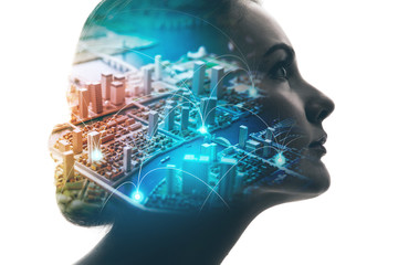 Aufkleber - AI(Artificial Intelligence) concept. Woman profile and smart city. Mixed media.