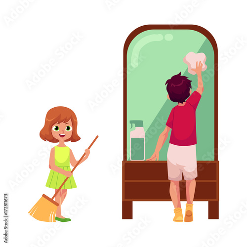 Vector Flat Cartoon Children Cleaning Home Set Young Teen Girl