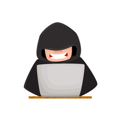 Hacker hiding his face under black hood, using laptop for computer attack, cartoon vector illustration isolated on white background. Computer hacker in disguise working on laptop, laughing