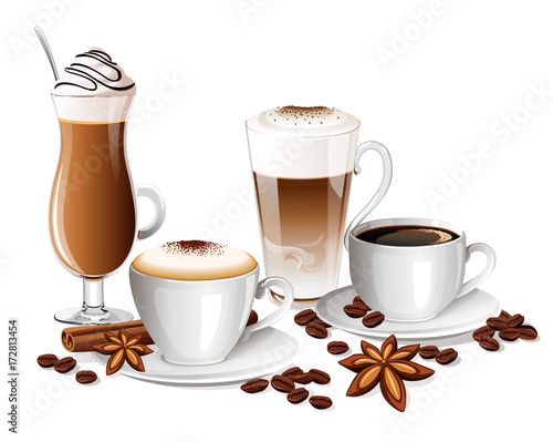 Dekoracja na wymiar  zestaw-napojow-kawowych-z-ziarnami-kawy-laskami-cynamonu-i-gwiazdkami-anyzu
