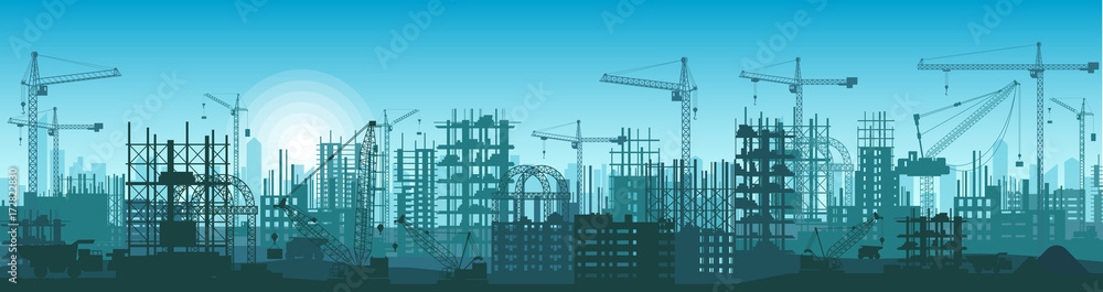 Wide High detailed banner illustration silhouette of buildings under construction in process. - obrazy, fototapety, plakaty 