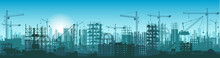 Wide High Detailed Banner Illustration Silhouette Of Buildings Under Construction In Process.