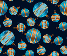 Blue And Gold Christmas Bauble Decor Stylized Vector Seamless Pattern On Black Color. Xmas Tree Decoration Balls With Stripe, Dots And Snowflakes Ornament Illustration