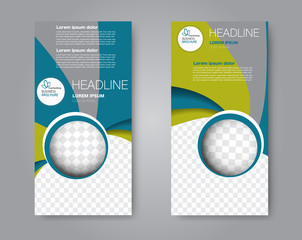 Vector flyer and leaflet design. Set of two side brochure templates. Vertical banners. Green and blue color. Vector illustration.