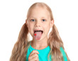 Cute girl with logopedic probe for speech correction on white background