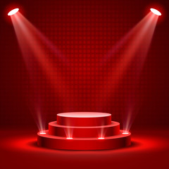 Wall Mural - Stage podium with lighting, Stage Podium Scene with for Award Ceremony on red Background, Vector illustration