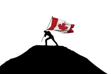 Canvas Print - Canada flag being pushed into mountain top by a male silhouette. 3D Rendering