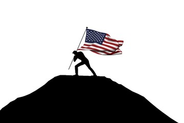 Wall Mural - USA flag being pushed into mountain top by a male silhouette. 3D Rendering