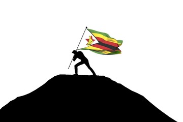 Canvas Print - Zimbabwe flag being pushed into mountain top by a male silhouette. 3D Rendering