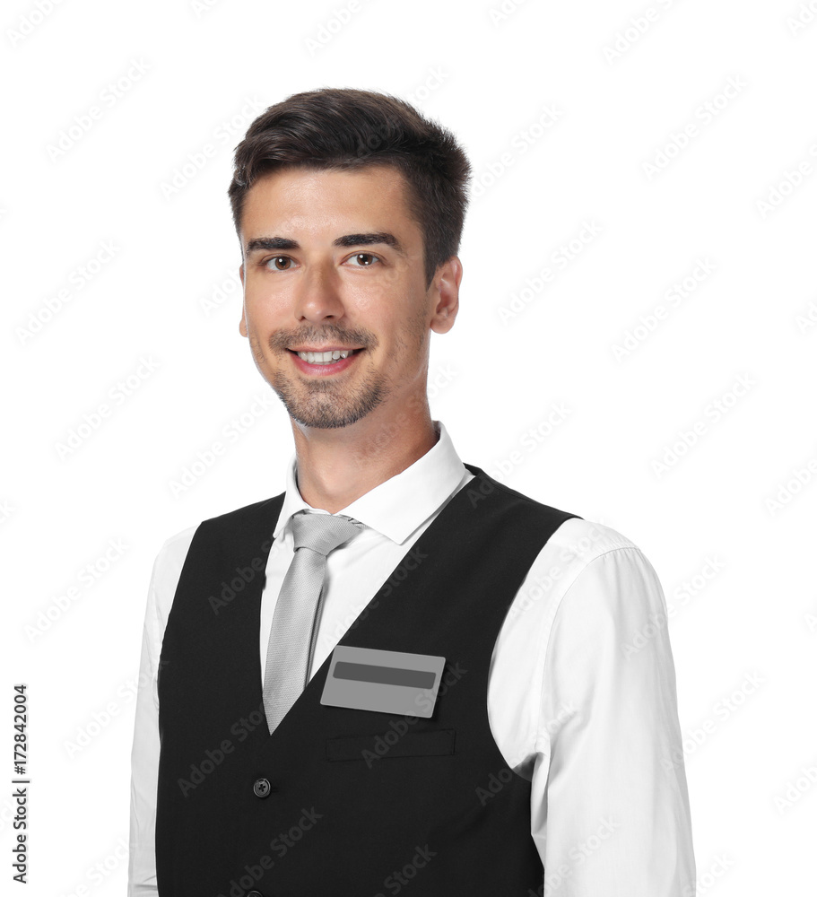 Male receptionist on white background