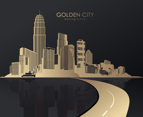 Wall Mural - Golden cityscape with skyscrapers.