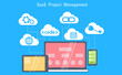 SaaS Project Management Banner. Laptop, tablet and phone, cloud storage with icons