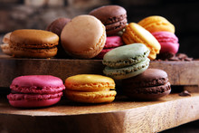 Close up colorful macarons dessert with vintage pastel tones