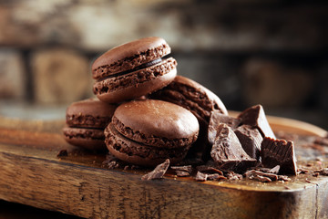 macarons sweet chocolate macaron French on wooden table