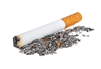 Wall Mural - Cigarette butt with ash isolated on a white background