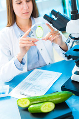 Wall Mural - Checking fruit and vegetables for harmful elements. Laboratory for Inspection of Food Quality