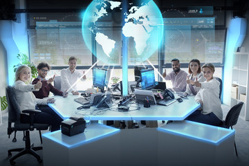 Wall Mural - happy business team with earth hologram at office