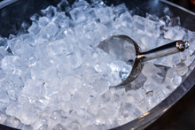 Ice In Ice Bucket With Cool, Iced Scoop Preparation Of Ice In A Bar For Event Party