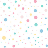 Colorful polka dots seamless pattern on white 9 background. Gorgeous classic colorful polka dots textile pattern. Seamless scattered confetti fall chaotic decor. Abstract vector illustration.