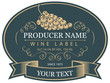 Vector label for bottle of wine with bunch of grapes in the oval frame with tape in a retro style