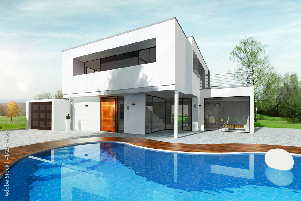 Maison moderne d'architecte avec piscine Stock Illustration | Adobe Stock