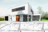 Fototapeta  - Dessin d'une maison d'architecte avec plan