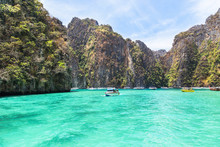 View Of  Pileh Bay Is Blue Lagoon With Limestone Rock Popular Bay At Phi Phi Island In The Andaman Sea Krabi,Thailand.