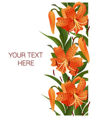 Wall Mural - Postcard (invitation) with orange lilies and green leaves