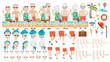 © ann131313.a - Retirement Travel Happy senior wearing on beach.tourists creation set.animated character.Icons with different types,faces,hair style,emotions,front,rear,side view. Moving arms,legs