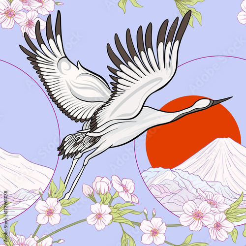 Stoffe zum Nähen Nahtlose Muster mit japanischen Kran und Chrysanthemen in japanische